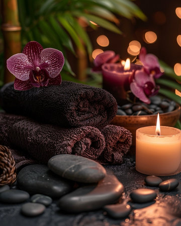 Orchid-shaped candles, stones, towel arranged for Thai wellness massage, warm flickering candlelight, plush brownの素材
