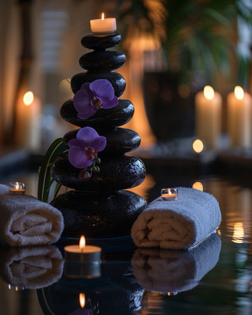 Thai massage, orchid-studded towels glow in a candlelit treatment room, warm golden light with reflective elementsの素材