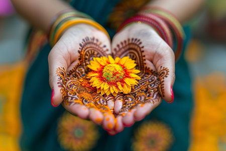 Hennaed hands hold a marigold flower as a bride gives a floral blessing during an Indian ceremony,の素材