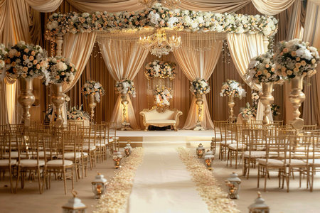 luxury golden wedding stage with floral drapery and aisle. opulent ballroom set with gold chiavari chairs,の素材