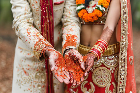 An Indian wedding. The bride and groom's hands are decorated with henna, vibrant marigold garlands, and detailed embroidery on the sari.の素材