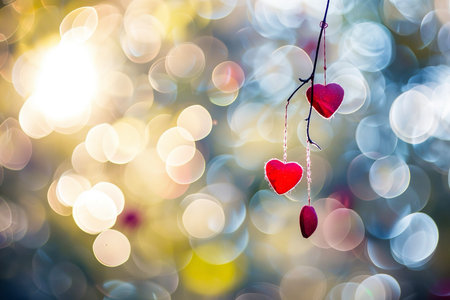 romantic red hearts hanging against bokeh, handcrafted ornaments swaying gently, warm golden lights and softの素材
