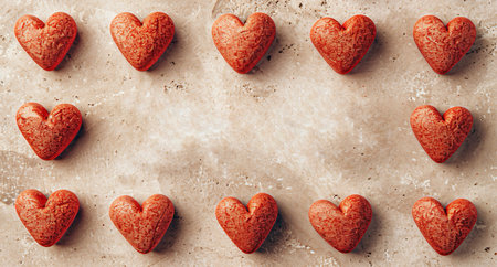 heart shaped gingerbread cookies on parchment arranged in neat grid, warm brown tones with light flourの素材