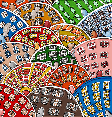 Set of doodle cute houses. Cozy cartoon hand drawn buildings in bright colorsのイラスト素材