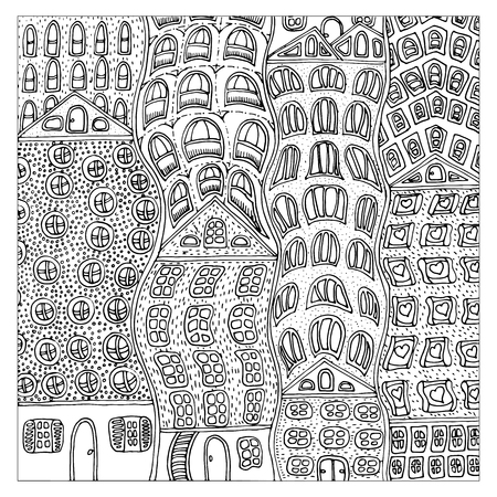 Set of doodle cute houses. Cozy cartoon hand drawn buildings in bright colorsのイラスト素材
