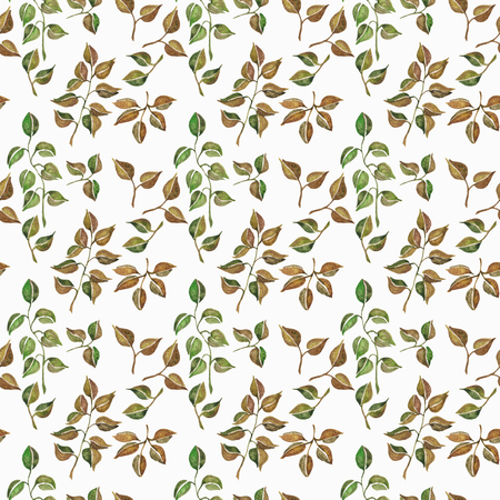 Seamless floral pattern with watercolor branches with leaves, hand drawn isolated on a white backgroundの写真素材