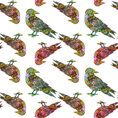 Hand drawn colorful birds seamless pattern in style. Crown ornamental silhouette. Hippie ornamental pattern. Ethnic tattoo design. Isolated watercolor illustration.の写真素材
