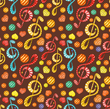 Colorful watercolor music notes seamless pattern on dark background.の写真素材
