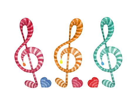 Colorful watercolor music notes set of treble clef on white background.の写真素材