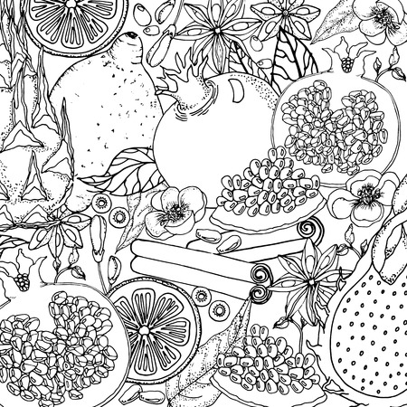 Doodle floral background in vector with doodles black and white coloring page. Vector ethnic pattern can be used for wallpaper, pattern fills, coloring books and pages for kids and adults.のイラスト素材