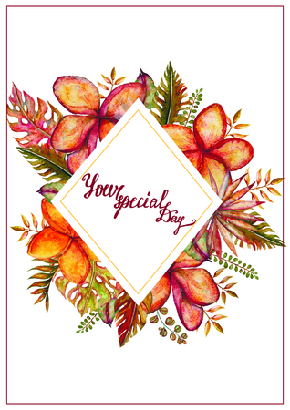 Watercolor set of vintage floral tropical natural elements. Exotic flowers, twigs and leaves. Botanical bright classic collection isolated on white background.の写真素材