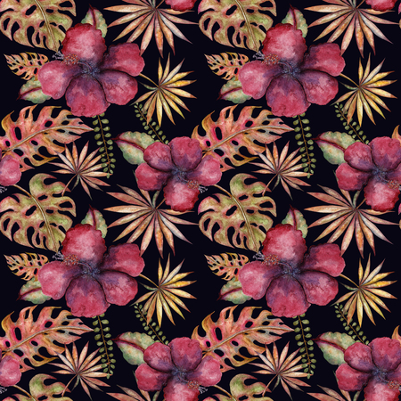 Elegant seamless pattern with watercolor hibiscus flowers, design elements. Floral tropical pattern for invitations, greeting cards, scrapbooking, print, gift wrap, manufacturing, textile.の写真素材