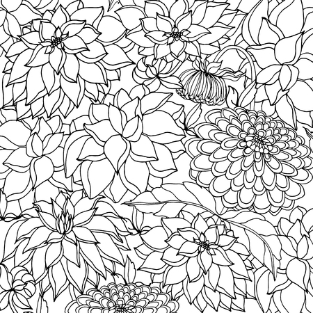 Doodle floral background in vector with doodles black and white coloring page. Vector ethnic pattern can be used for wallpaper, pattern fills, coloring books and pages for kids and adults.のイラスト素材
