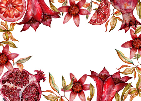 Beautiful watercolor frame with fruits and flowers of pomegranateの写真素材