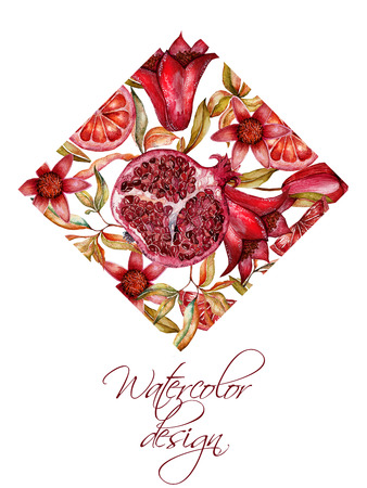 Beautiful watercolor frame with fruits and flowers of pomegranateの写真素材