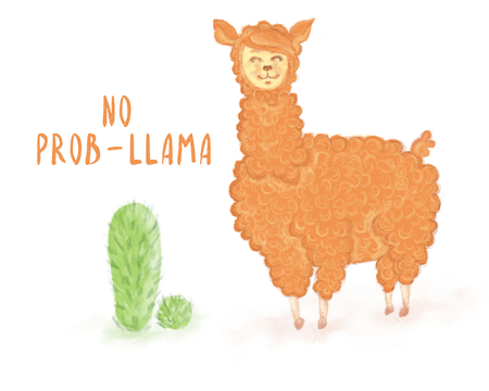 Llama vector quote with doodles. No prob llama motivational and inspirational quote. Simple cool white llama head drawing with sunglasses, hand drawn vector illustration for cards, t-shirts, cases.のイラスト素材