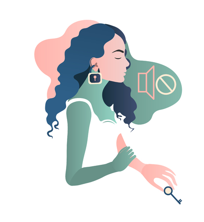Woman with hear impairment as a symptom of disease. Deaf girl. Hear no sound. Isolated flat vector illustration. For logo, commercial, trading, fashion, ads, graphic, cards, web design. Hand drawn illustrationのイラスト素材