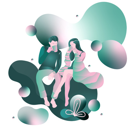 Man, Woman icon, isolated. Flat design. Flat design concept for time management, targeting, work planning and timing. Girl and man, couple are sitting with cup of coffee, lovebirds with cozy atmosphere. Flat vector illustrationのイラスト素材