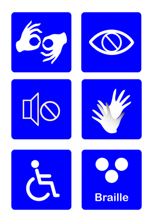 blue disability symbols and signs vector collection, publicize accessibility of place, activities for disabled people.vector illustration Sign language,blind, deaf, disabled icon.のイラスト素材