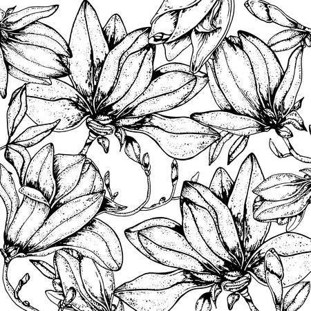 Doodle floral magnolia background in vector with doodles black and white coloring page. Vector ethnic pattern can be used for wallpaper, pattern fills, coloring books and pages for kids and adults.のイラスト素材