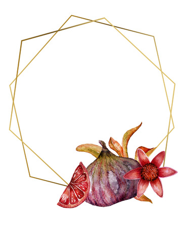 Wedding invitation card template. Pink tropical fruit and flowers with golden frame. Golden text placeholder.の写真素材