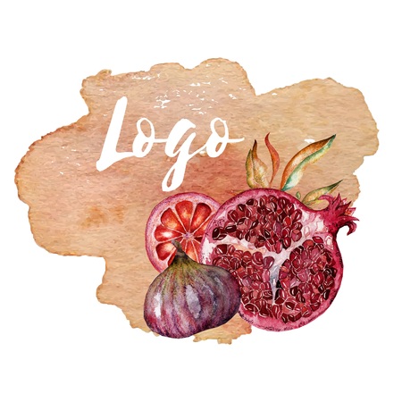 Cute colorful floral pomegranate set on watercolor splash , fabric, textile, texture, wrapping paper, wallpaper, cards, web design. Hand drawn illustrationの写真素材