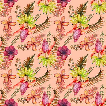 Beautiful watercolor seamless pattern with tropical elements of banana, hibiscus flower, paradise flower and leavesの写真素材