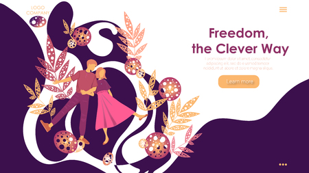 Happy walking couple on white background website template. A man and a woman. Vector illustration in a flat styleのイラスト素材