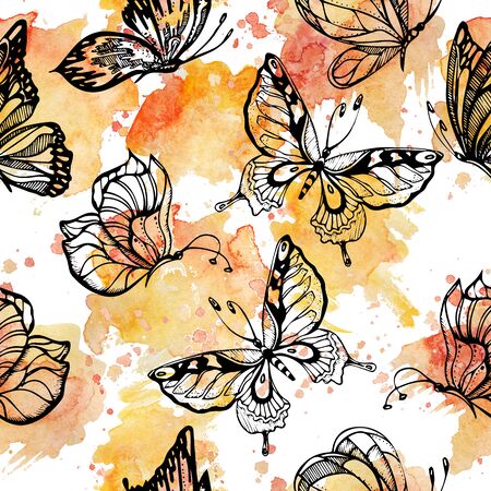 Sweet tone of Butterflies flying on watercolor splashes seamless pattern scattered repeatの写真素材