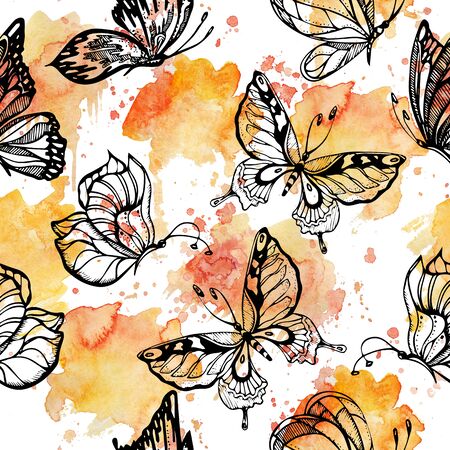 Sweet tone of Butterflies flying on watercolor splashes seamless pattern scattered repeatの写真素材