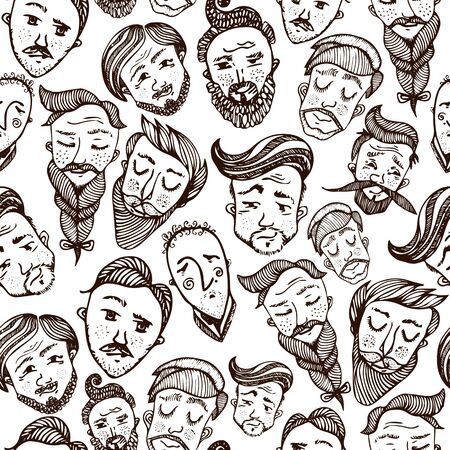 Seamless pattern with heads of cute smiling young and elderly men with various hairstyles. Backdrop with stylish people. Flat cartoon vector illustration for wallpaper, wrapping paper. Handsome menのイラスト素材