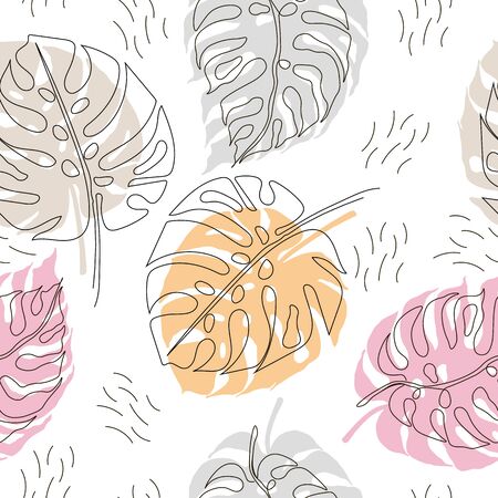 Exotic monstera continuous one line drawing summer tropical leaf hand drawn on white background minimalist design. Vector Seamless pattern of botanical leavesのイラスト素材