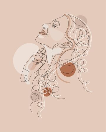 Continuous one line drawing. Abstract portrait of pretty young woman with beautiful hair. Vector soft color illustrationのイラスト素材