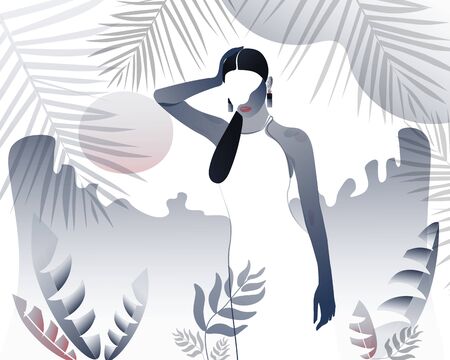 Sexy hot summer beach girl character flat vector illustration. Sexy woman in white dress. Fashion girl with plants, sun and palm leavesの写真素材