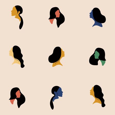 Powerful woman movement face character. Flat design style vector illustration set of diverse women faces with black hairs. Abstract art with nine women faces icons.のイラスト素材