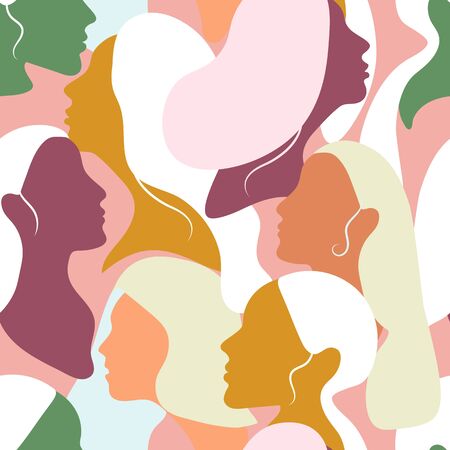 International Womens Day. Vector seamless pattern with women faces. Flat illustrationのイラスト素材