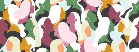 Powerful woman movement face character . Flat design style vector illustration set of diverse women faces with white hairs. Vector templates for banner, card, poster, flyer and other usersのイラスト素材