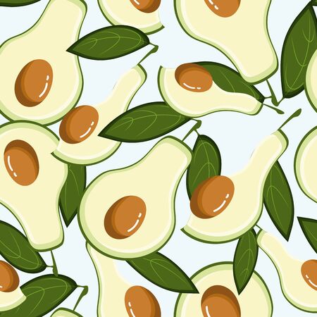 Avocado seamless pattern with leaves, vector flat illustration on ment background.のイラスト素材