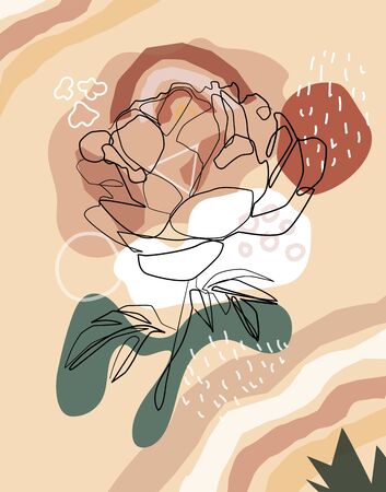 Bouquet of peony in one line art drawing style. Vector illustration with abstract backgroundのイラスト素材