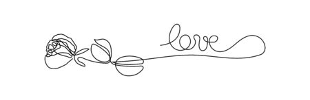 Love Inspirational calligraphy phrase Love with hand drawn doodle line art. Heart. Continuous line art drawing. Hand drawn doodle vector illustration in a continuous line. Line art decorative designのイラスト素材