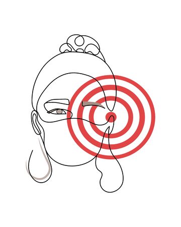 Concept Coronavirus  , medical mask, 2020 inscription, silhouette one single line on a white background, continuous line drawing, isolated vector illustration. Woman face with red target circleのイラスト素材