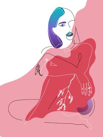 Continuous one line drawing. Abstract portrait of pretty young woman with beautiful hair, lying on the floor. Vector soft illustration with color spotsのイラスト素材