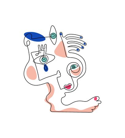 Abstract face of man one line continuous drawing. Modern continuous line art man and woman portrait, minimalist contour. Portrait minimalistic style. One line drawing abstract faces. Modern continuous line artのイラスト素材