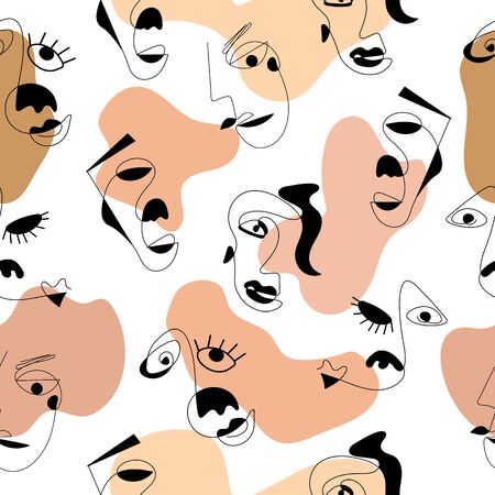 Abstract stylish texture with human faces. Hand-drawn vector seamless pattern with portraits in modern style.のイラスト素材