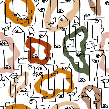 Abstract stylish texture with human faces. Hand-drawn vector seamless pattern with portraits in modern style.のイラスト素材