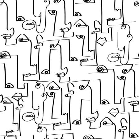 Abstract stylish texture with human faces. Hand-drawn vector seamless pattern with portraits in modern style.のイラスト素材