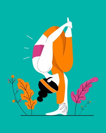Vector illustration, the concept of meditation, the health benefits for the body, mind and emotions. Young woman sitting in yoga posture and meditating. Girl performing aerobics exercise and morning meditation at home. Physical and spiritual practice. Vector illustration in flat cartoon style.のイラスト素材