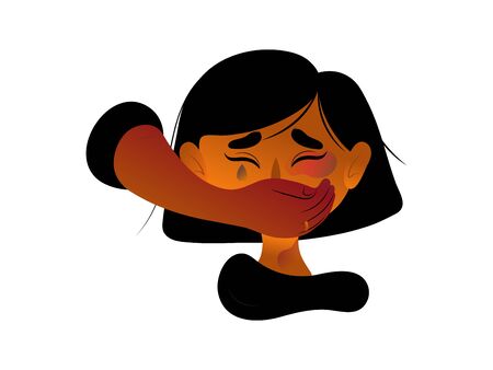 Domestic violence. Hand covering womans or child's mouth representing domestic abuse, vector...