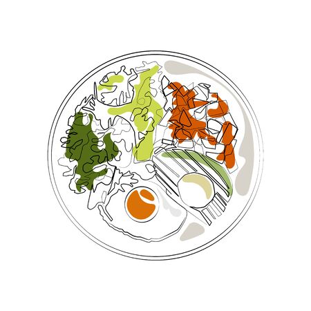 Food on the plate continuous one line drawing. Vector meal for eating minimalism illustration hand drawn sketch doodle lineart design.のイラスト素材
