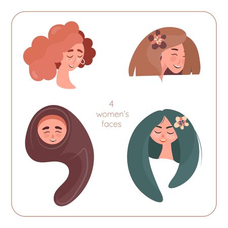 Set of four womans emotions. Facial expression. Girl Avatar with different cultures and hairdresses. Vector illustration of a flat designのイラスト素材